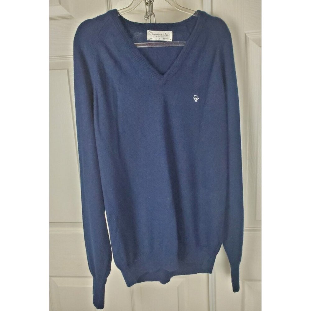 VINTAGE CHRISTIAN DIOR MONSIEUR Mens Blue V-Neck Long Sleeve Sweater Size Large